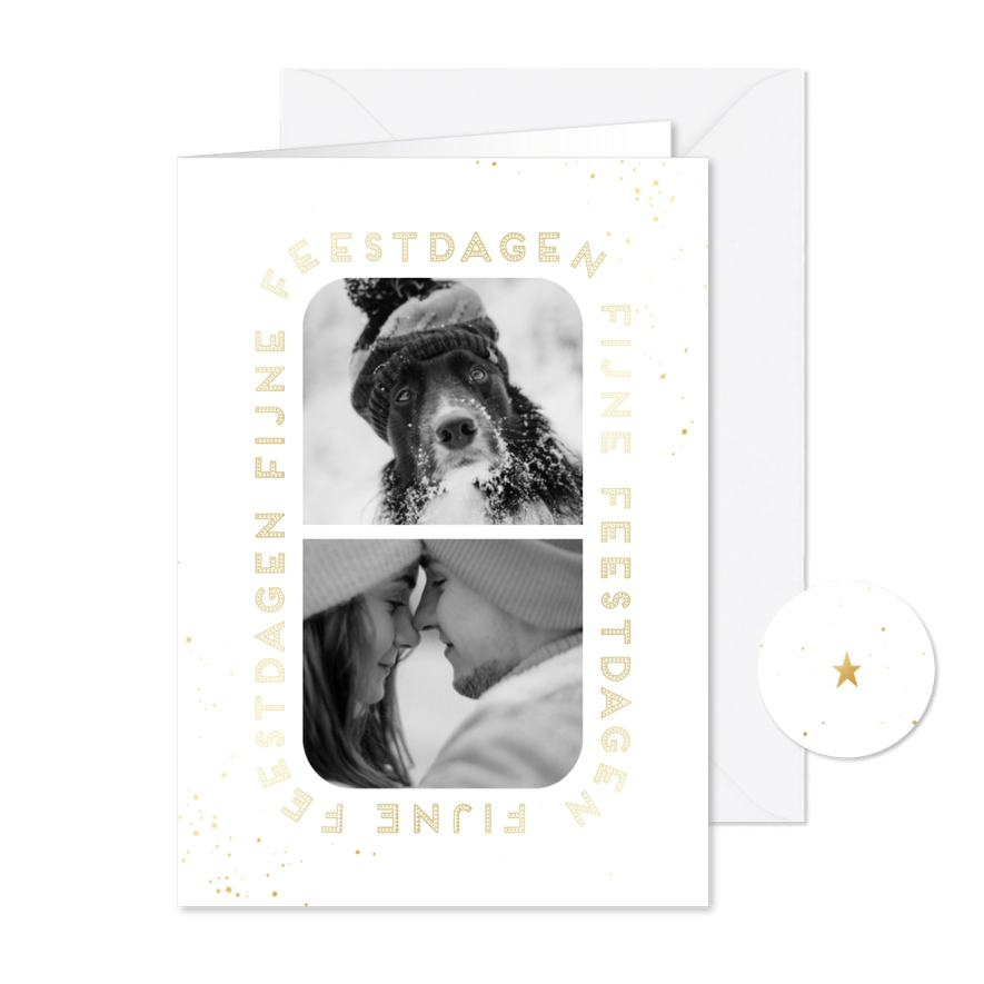 Kerstkaart afgeronde rechthoek met twee foto's goudlook - Kaartimpressie