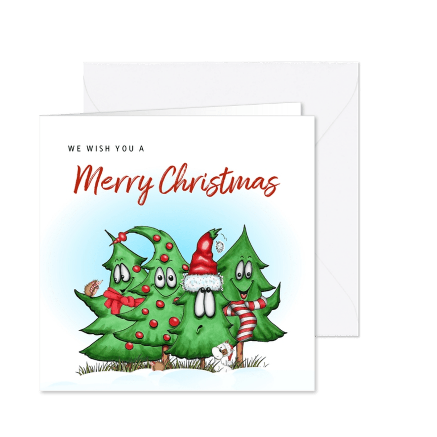 Kerstkaart allemaal kerstbomen samen egel en hondje - Kaartimpressie