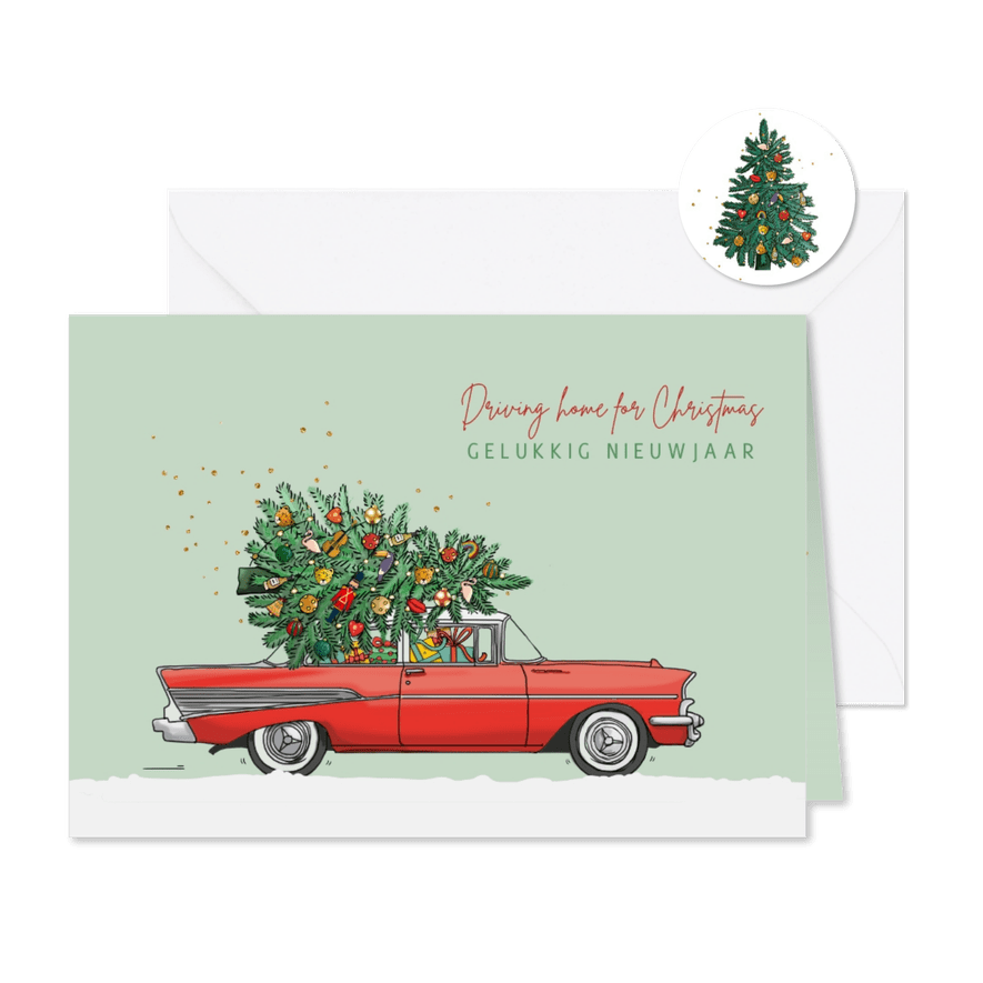 Kerstkaart amerikaanse auto rood - Kaartimpressie