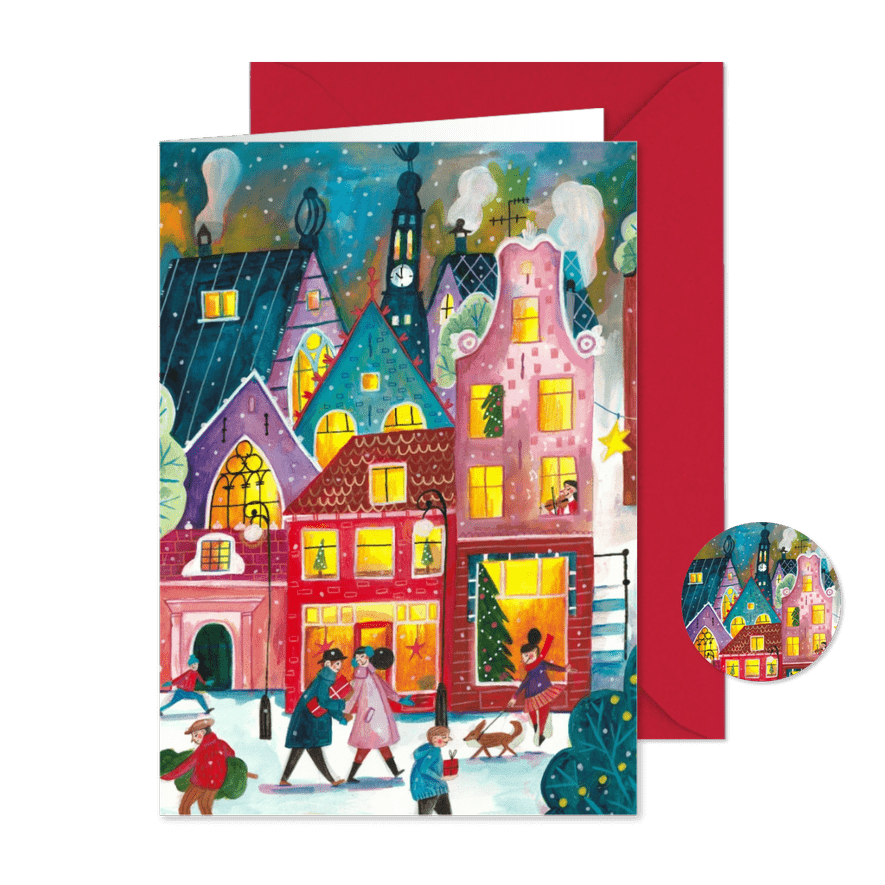 Kerstkaart Amsterdam in de sneeuw illustratie - Kaartimpressie