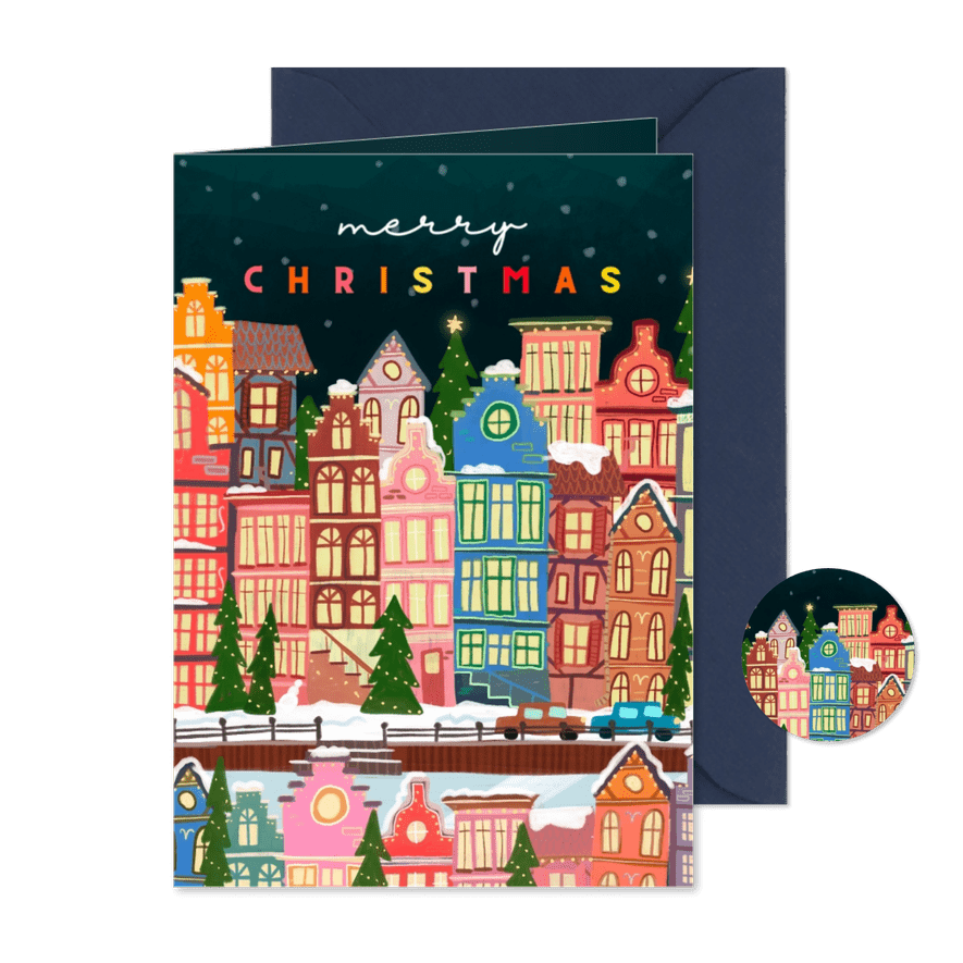 Kerstkaart Amsterdamse kersthuisjes gekleurd - Kaartimpressie