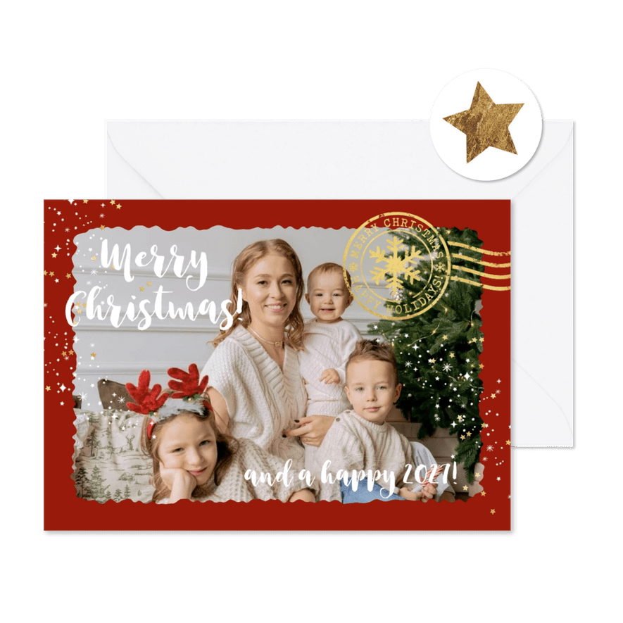 Kerstkaart ansichtkaart foto sterren goudlook stempel - Kaartimpressie