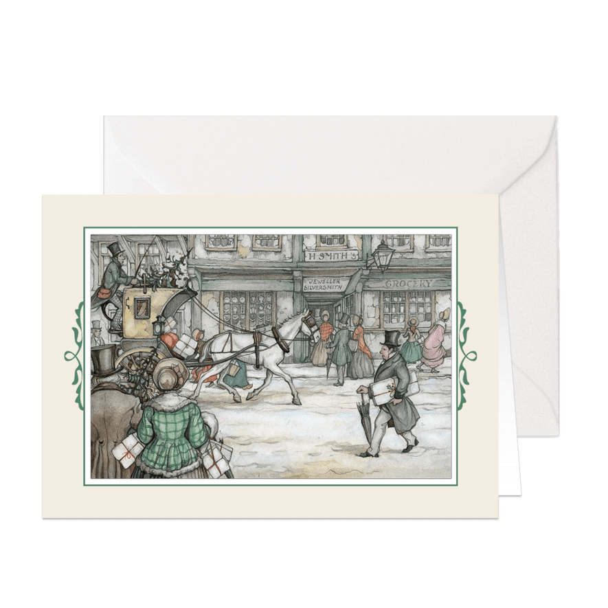 Kerstkaart - Anton Pieck illlustratie postkoets in straat - Kaartimpressie