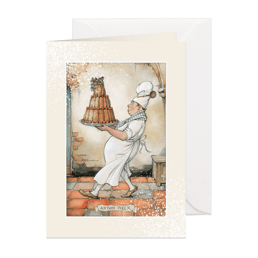 Kerstkaart - Anton Pieck illustratie bakker met taart - Kaartimpressie