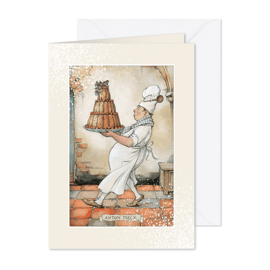 Kerstkaart - Anton Pieck illustratie bakker met taart - Kaartimpressie