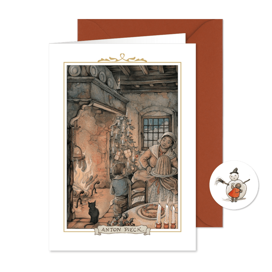Kerstkaart Anton Pieck illustratie kerst bij de open haard - Kaartimpressie