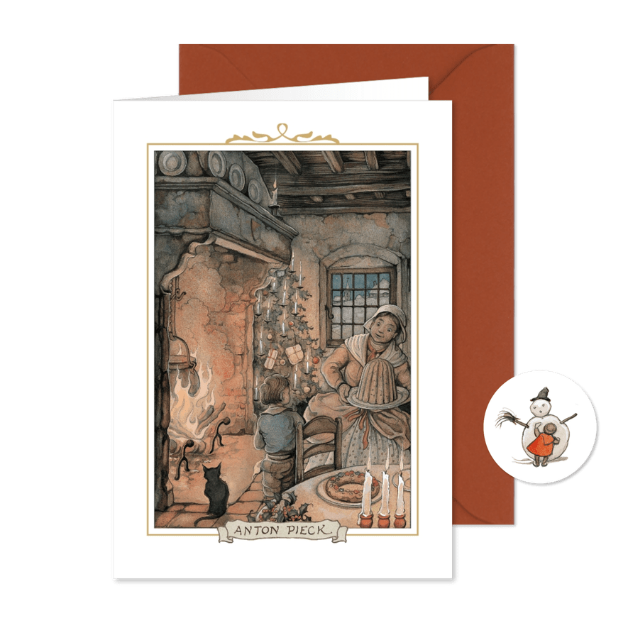 Kerstkaart Anton Pieck illustratie kerst bij de open haard - Kaartimpressie