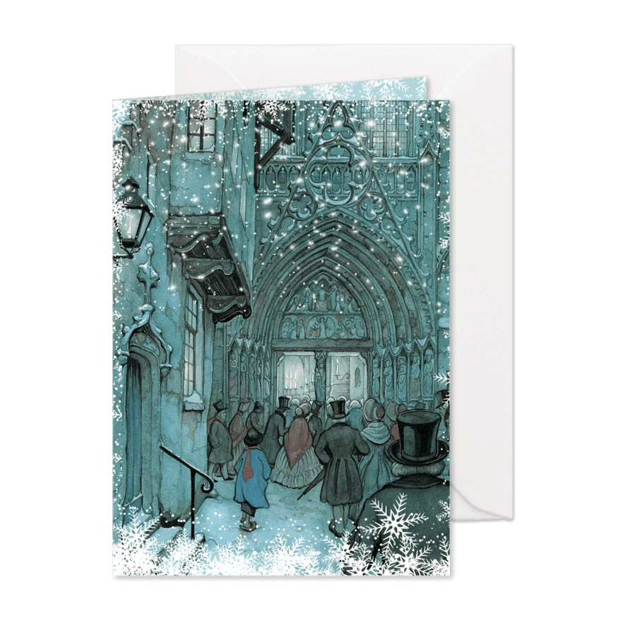 Kerstkaart - Anton Pieck illustratie op weg naar de avondmis - Kaartimpressie