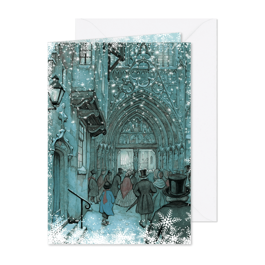 Kerstkaart - Anton Pieck illustratie op weg naar de avondmis - Kaartimpressie