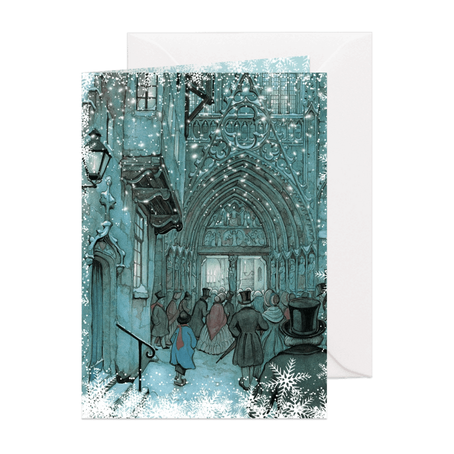 Kerstkaart - Anton Pieck illustratie op weg naar de avondmis - Kaartimpressie