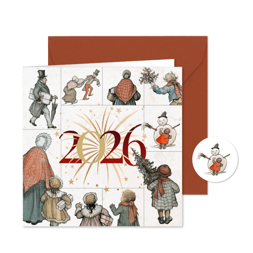 Kerstkaart Anton Pieck vuurwerk 2026 - Kaartimpressie