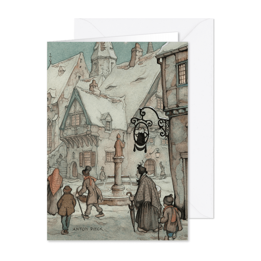 Kerstkaart - Anton Pieck winter plein met fontein - Kaartimpressie