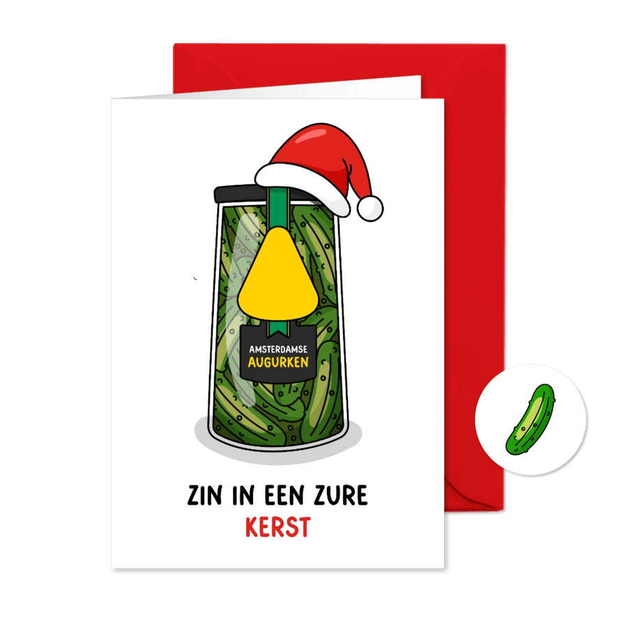 Kerstkaart augurkenpot met kerstmuts - Kaartimpressie