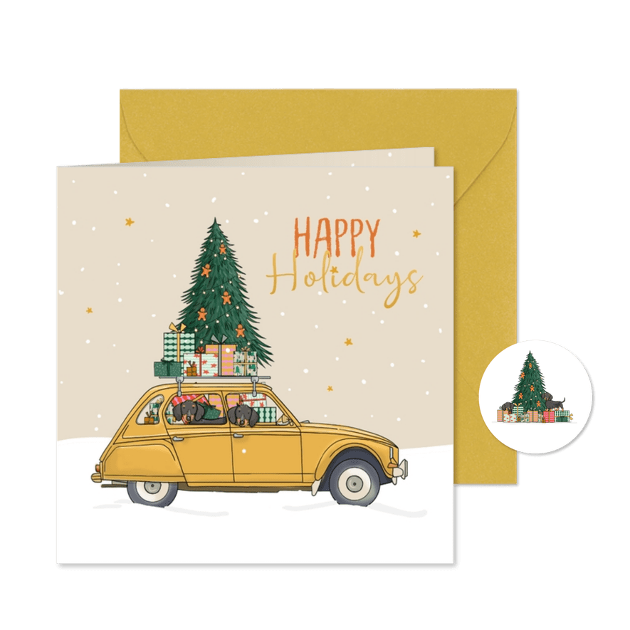 Kerstkaart auto Citroën eend met teckels - Kaartimpressie