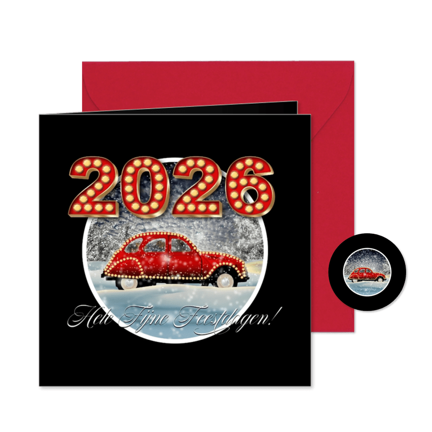 Kerstkaart auto in sneeuw 2026 RB - Kaartimpressie