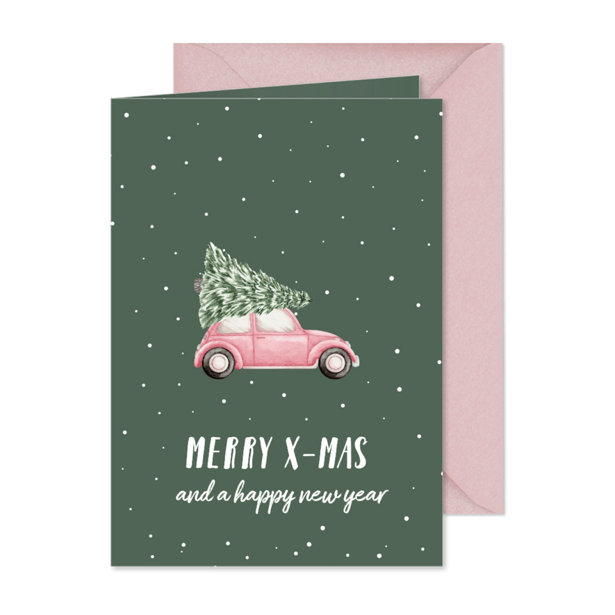 Kerstkaart auto met kerstboom op dak Vrienden GHZ - Kaartimpressie