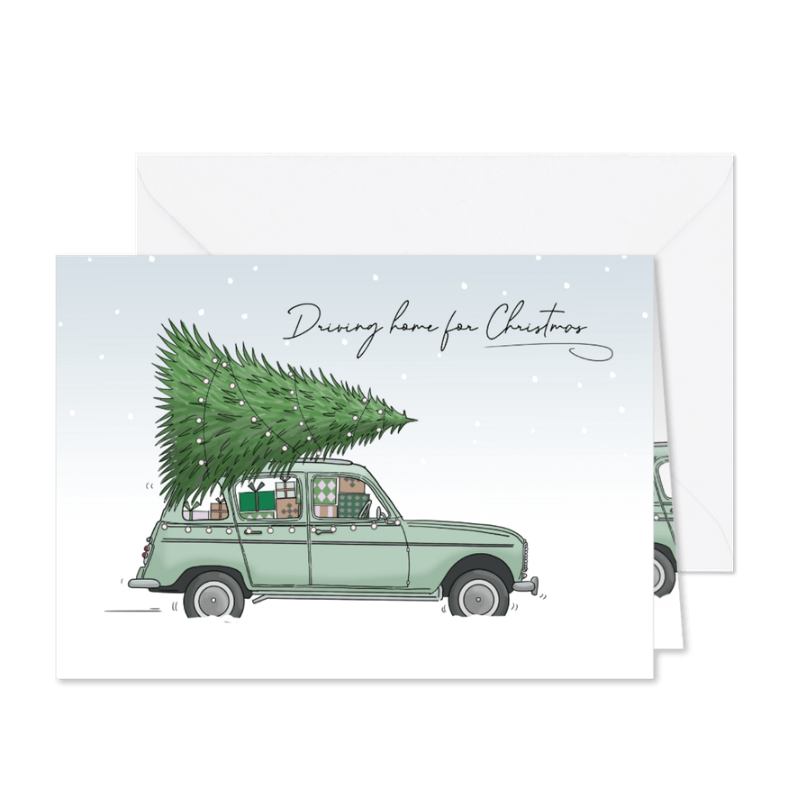 Kerstkaart auto met kerstboom - Kaartimpressie
