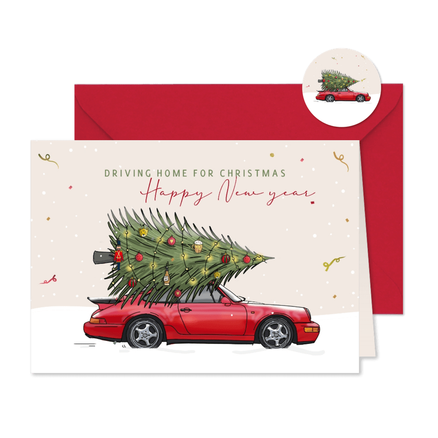 Kerstkaart auto Porsche rood met kerstboom - Kaartimpressie
