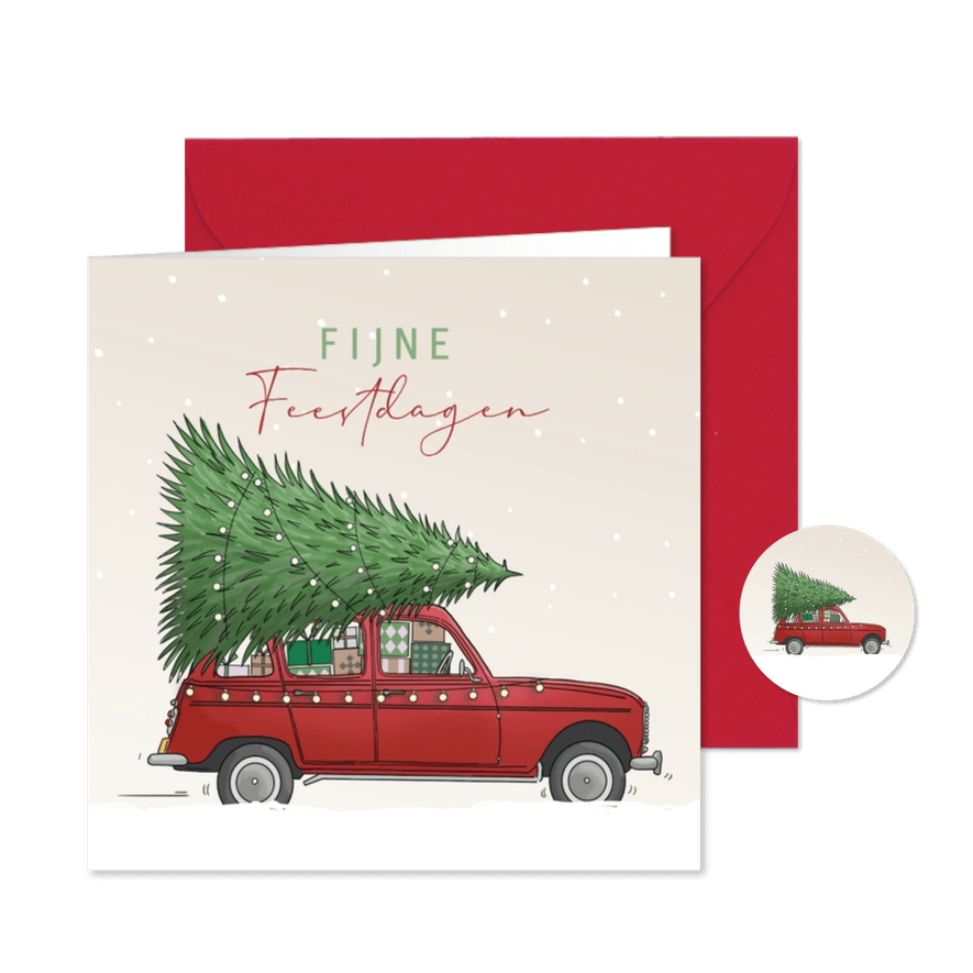 Kerstkaart auto rood met kerstboom - Kaartimpressie