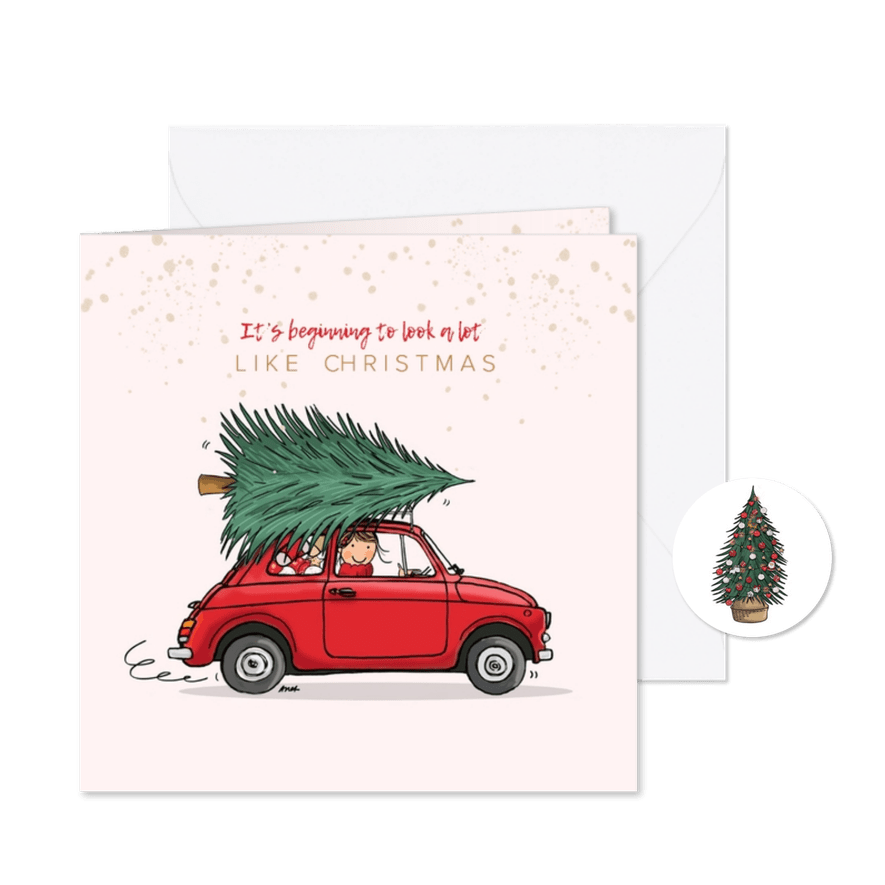 Kerstkaart auto rood  - Kaartimpressie