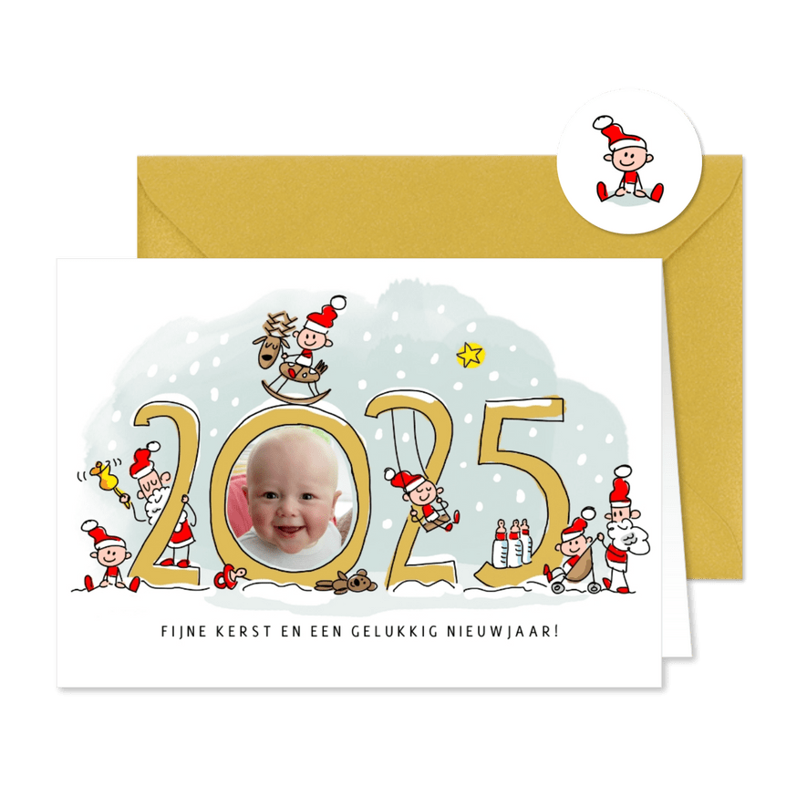 Kerstkaart baby's eerste kerst met jaartal en kerstkindjes - Kaartimpressie