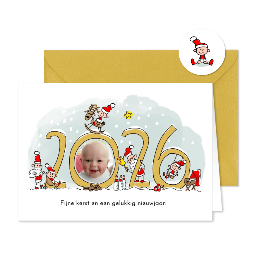 Kerstkaart baby's eerste kerst met jaartal en kerstkindjes - Kaartimpressie