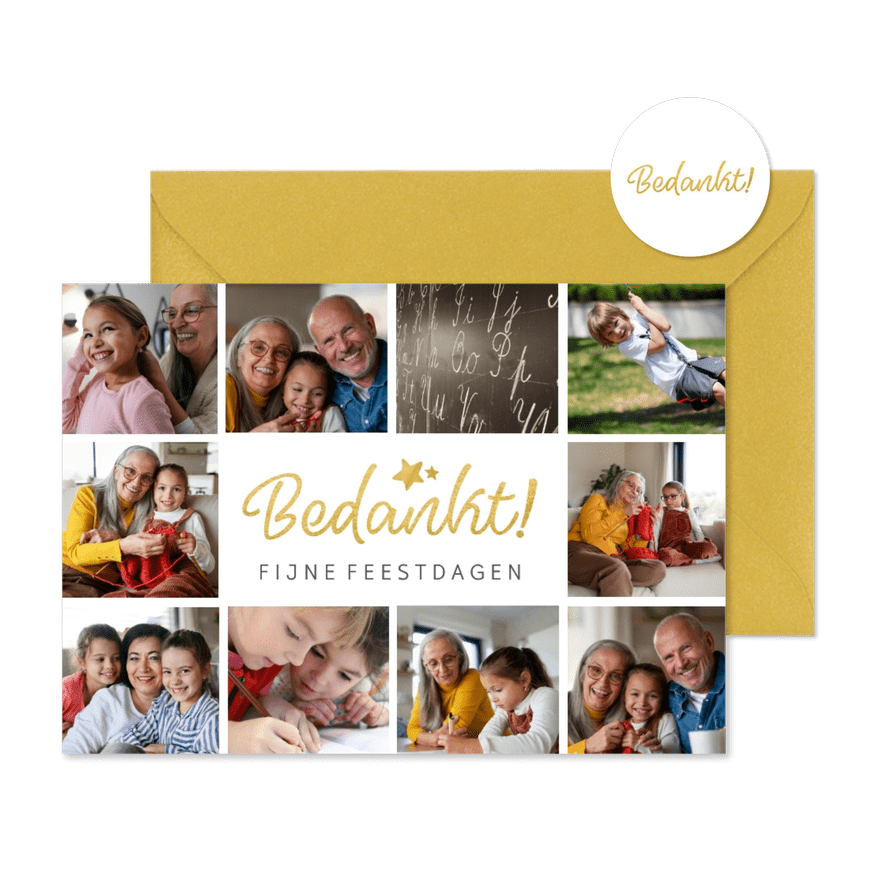 Kerstkaart bedankje met goud 'bedankt' - Kaartimpressie