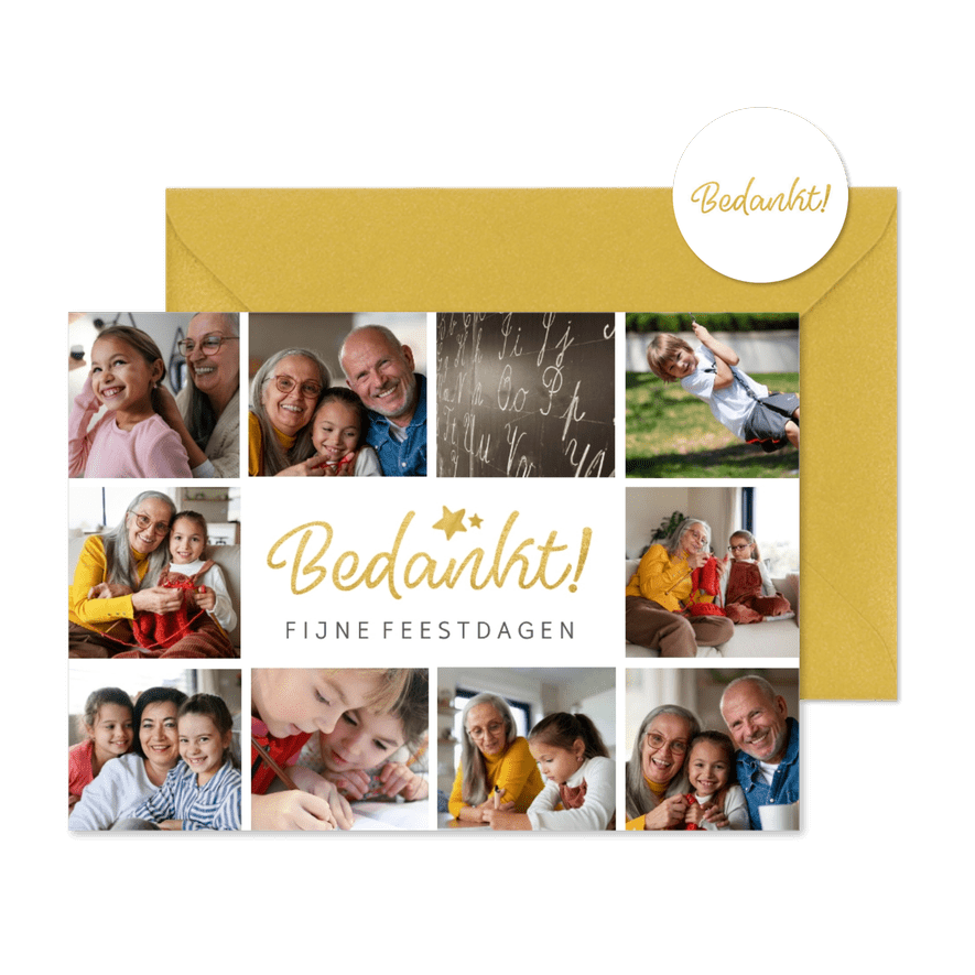 Kerstkaart bedankje met goud 'bedankt' - Kaartimpressie
