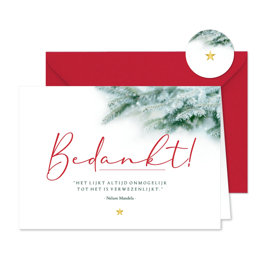 Kerstkaart 'Bedankt' dennentakjes en quotes - Kaartimpressie