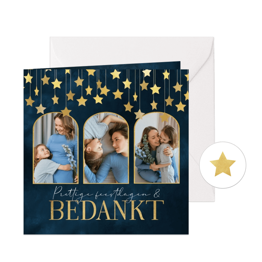 Kerstkaart bedankt fijne feestdagen goud sterren - Kaartimpressie