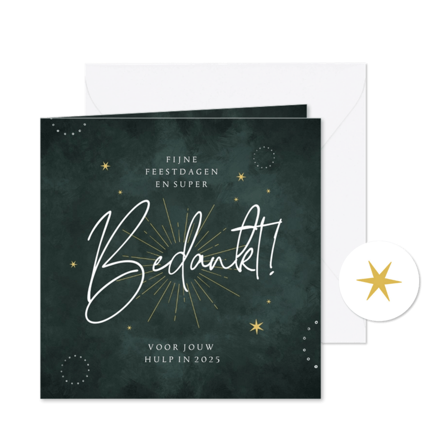 Kerstkaart bedankt groen sterretjes en vuurwerk - Kaartimpressie