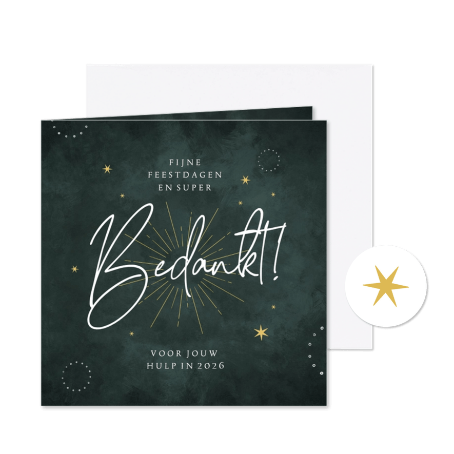 Kerstkaart bedankt groen sterretjes en vuurwerk - Kaartimpressie