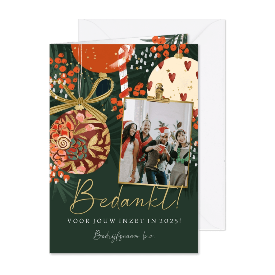 Kerstkaart bedankt kerstballen goudfolie foto sterren - Kaartimpressie