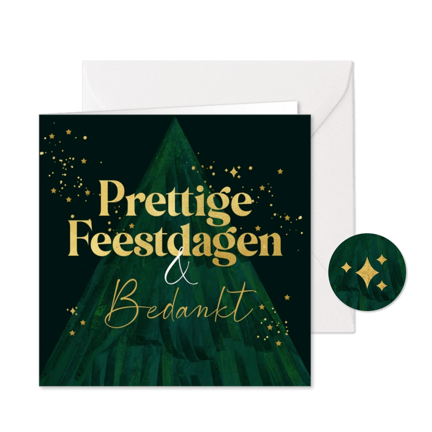 Kerstkaart bedankt kerstboom abstract goud sterren - Kaartimpressie