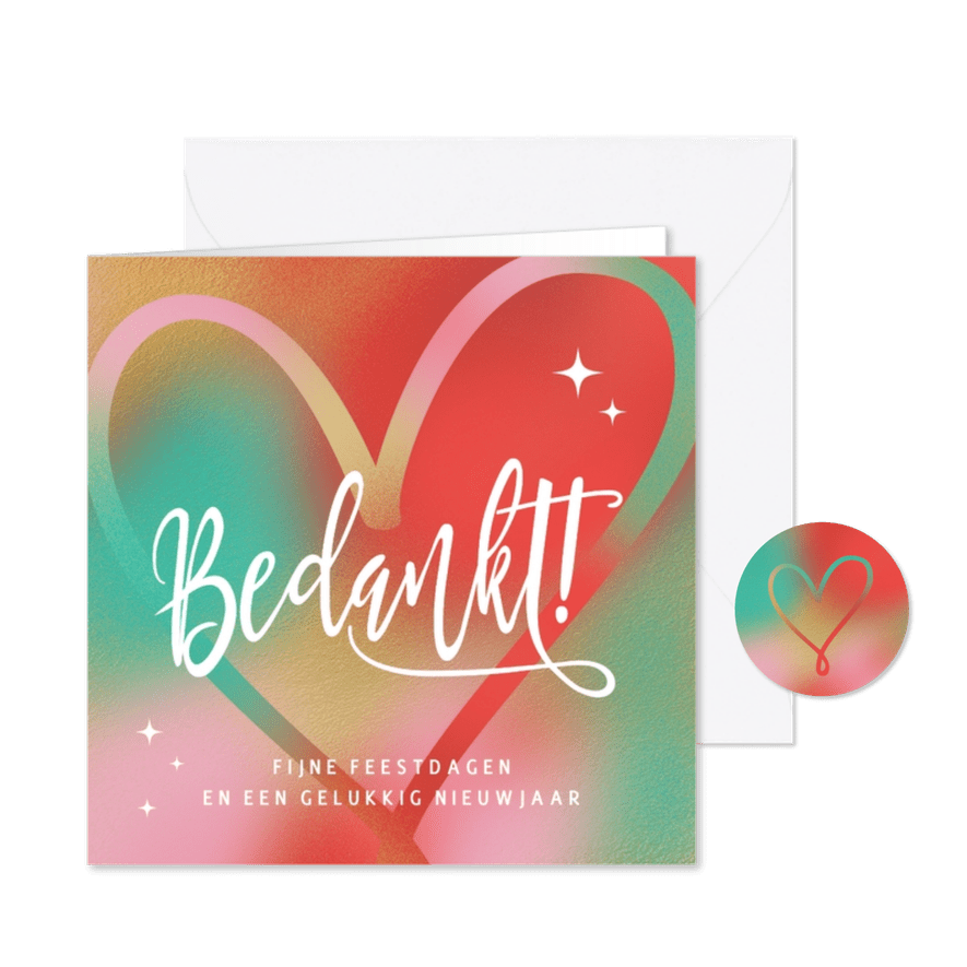 Kerstkaart Bedankt kleurrijk hart op goud - Kaartimpressie