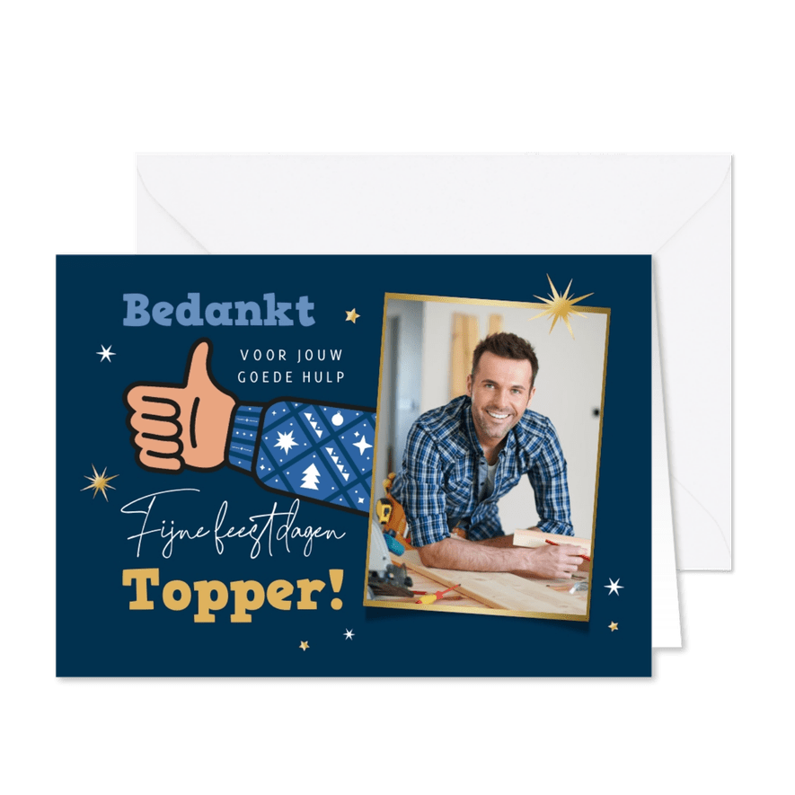 Kerstkaart bedankt klusbedrijf duim sterren foto - Kaartimpressie