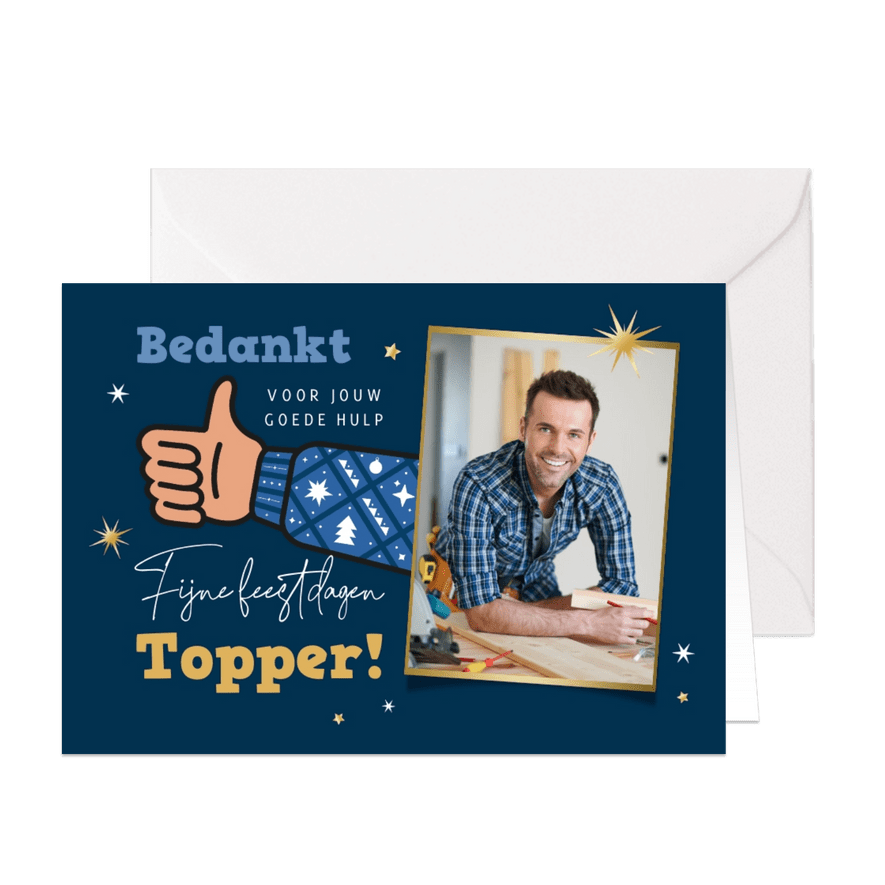 Kerstkaart bedankt klusbedrijf duim sterren foto - Kaartimpressie