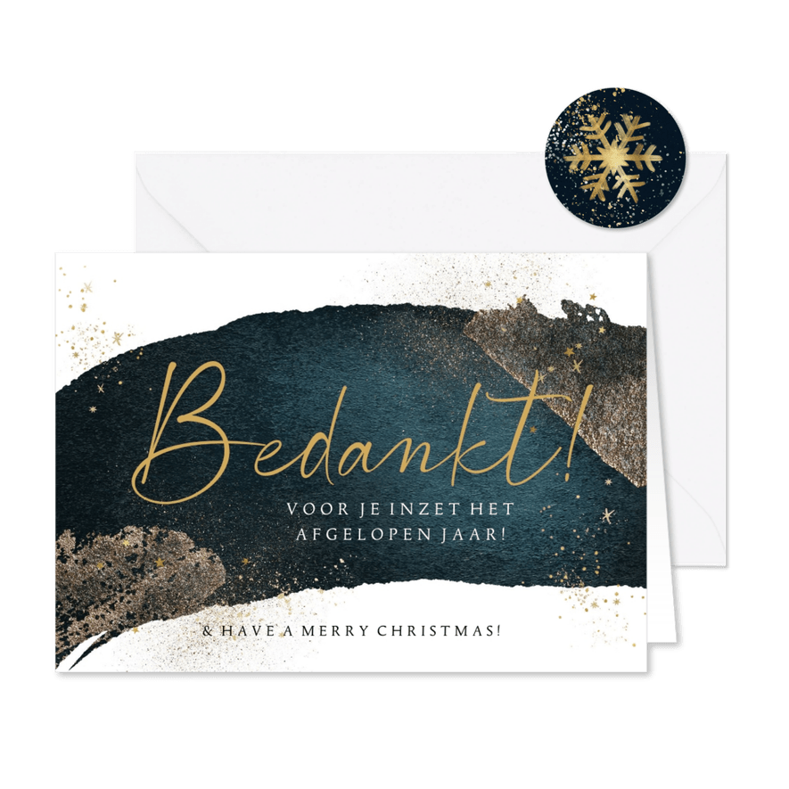 Kerstkaart bedankt medewerkers watercolour blauw goudlook - Kaartimpressie