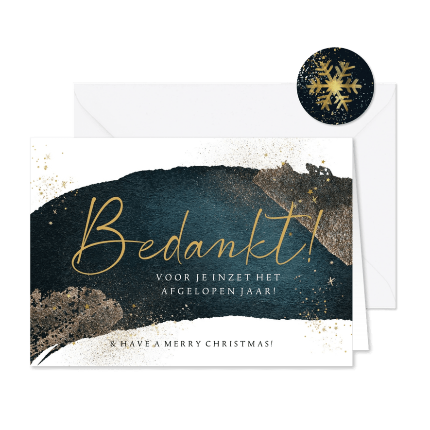 Kerstkaart bedankt medewerkers watercolour blauw goudlook - Kaartimpressie