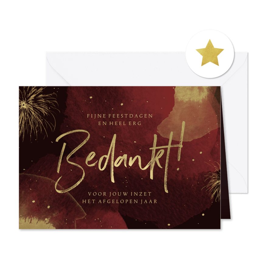 Kerstkaart bedankt medewerkers waterverf rood goud vuurwerk - Kaartimpressie