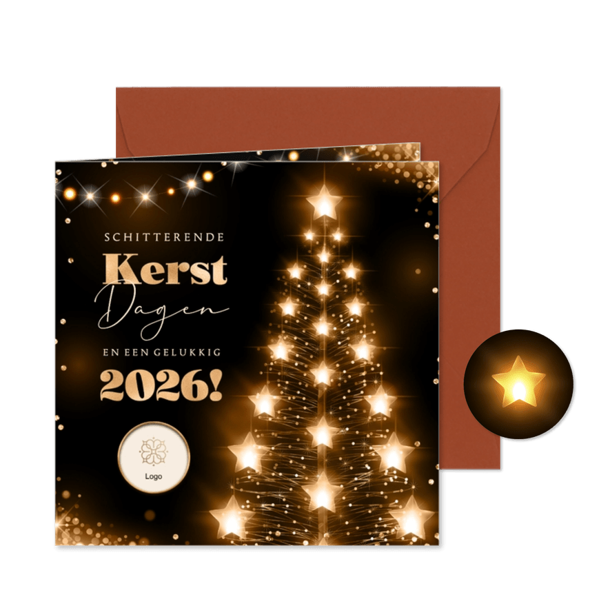 Kerstkaart bedrijf eigen logo lichtgevende kerstboom sterren - Kaartimpressie