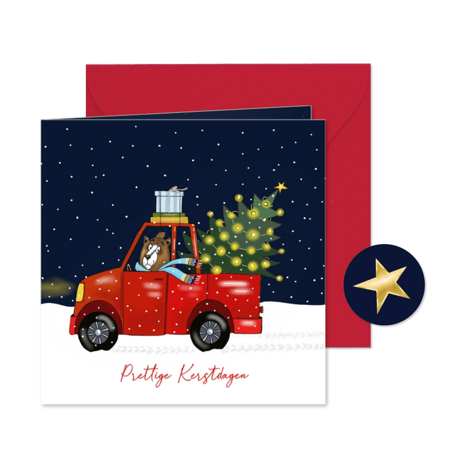 Kerstkaart beer heeft een boom gekocht - Kaartimpressie