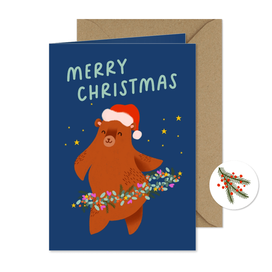 Kerstkaart beer kerstkrans sterren - Kaartimpressie