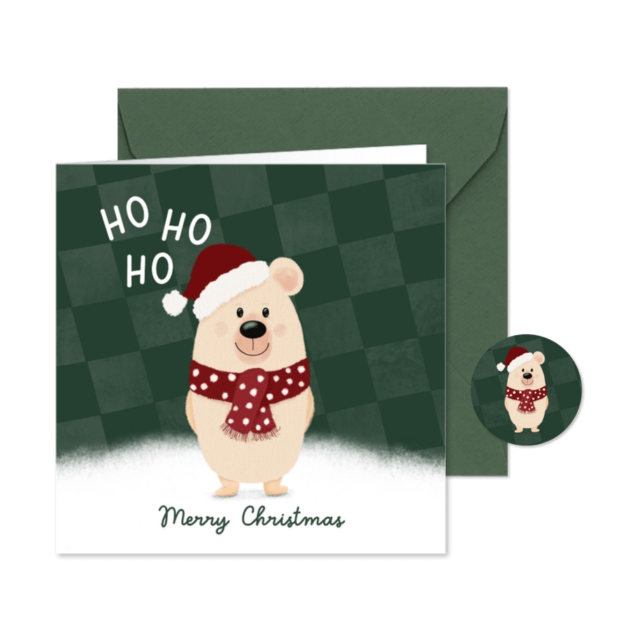 Kerstkaart beer met kerstmuts Ho Ho Ho - Kaartimpressie
