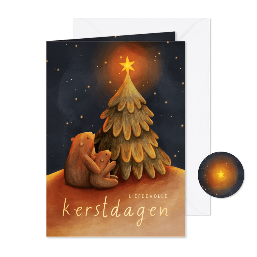 Kerstkaart beertjes bij kerstboom met ster - Kaartimpressie