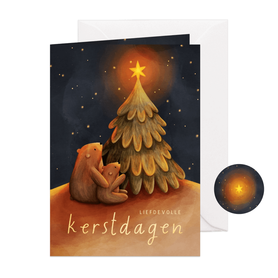 Kerstkaart beertjes bij kerstboom met ster - Kaartimpressie