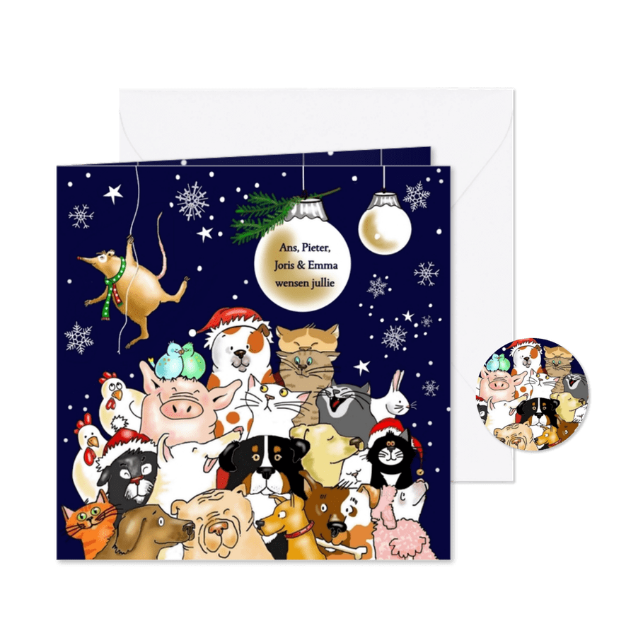 Kerstkaart beestenboel in kerstsfeer - Kaartimpressie
