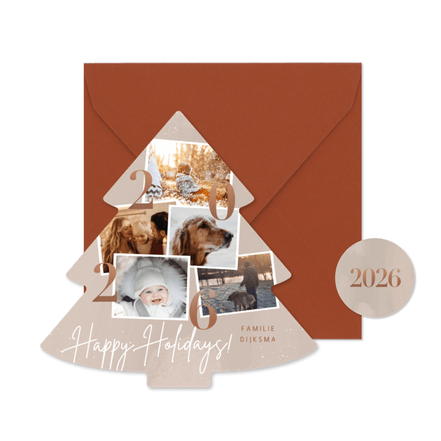 Kerstkaart beige fotocollage met jaartal 2026 happy holidays - Kaartimpressie