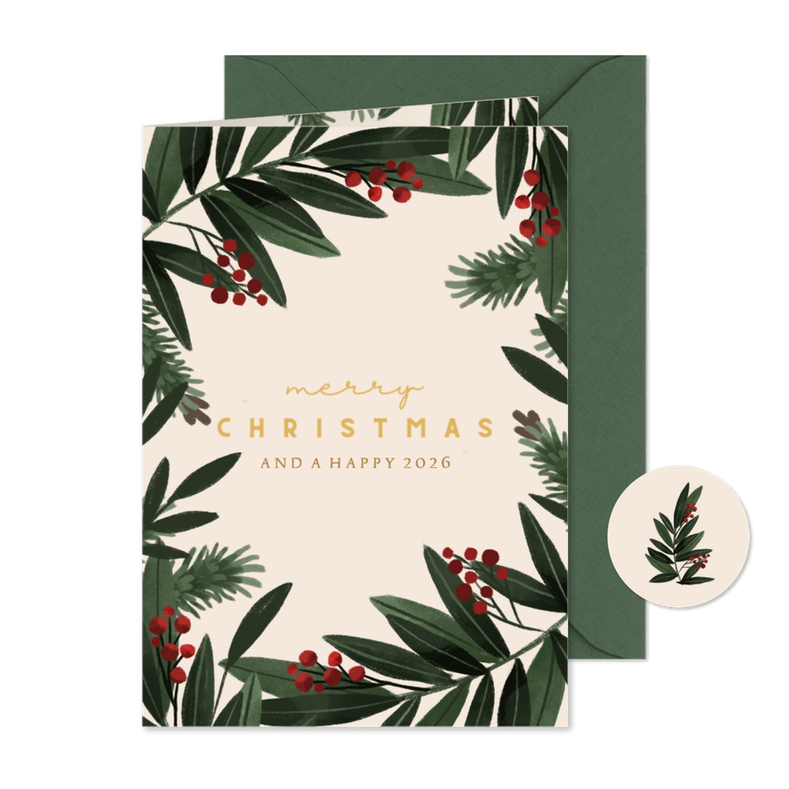 Kerstkaart beige kersttakken rechthoek - Kaartimpressie