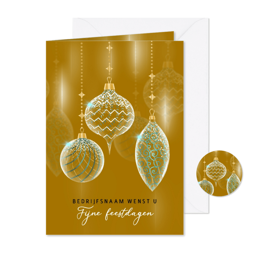 Kerstkaart besneeuwde glazen kerstballen - Kaartimpressie